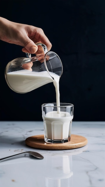 Photo front view pouring milk into the little glass on white drink creamery dairy milk product