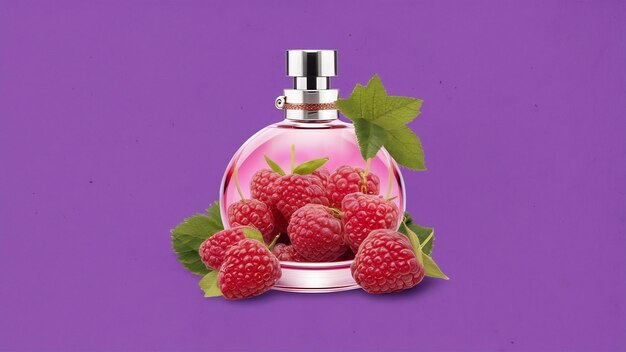 Photo front view raspberry smelling perfume inside flask on purple