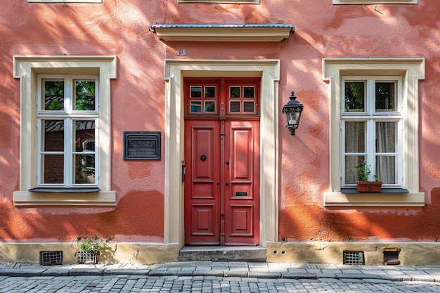 Photo front view red door windows