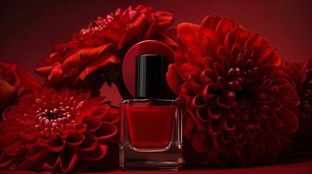 Front view of red nail polish bottle mockup on red floral background Luxury manicure nails