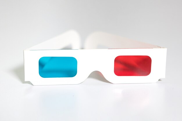 Photo front view of retro 3d glasses with blue and red plastic