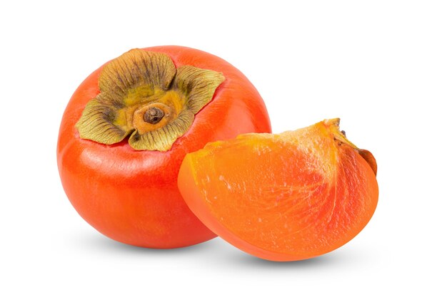 Front view of ripe persimmon with slice