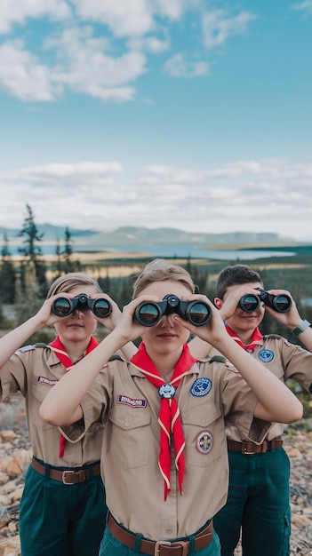 Photo front view scouts with binoculars outdoors