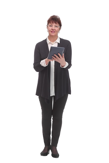 Front view of senior woman with calculator isolated