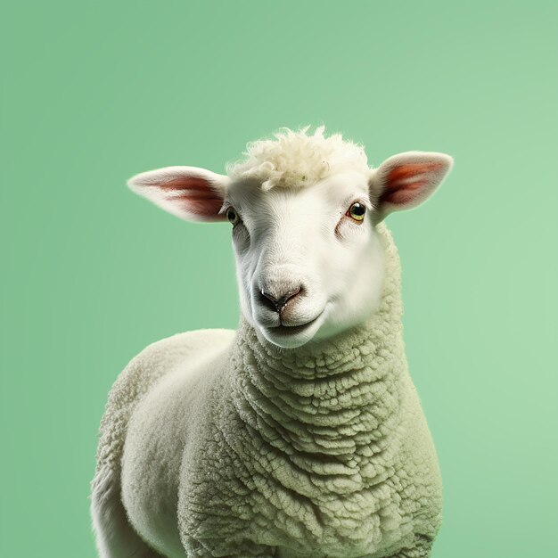 A front view of a sheep isolated on light green background