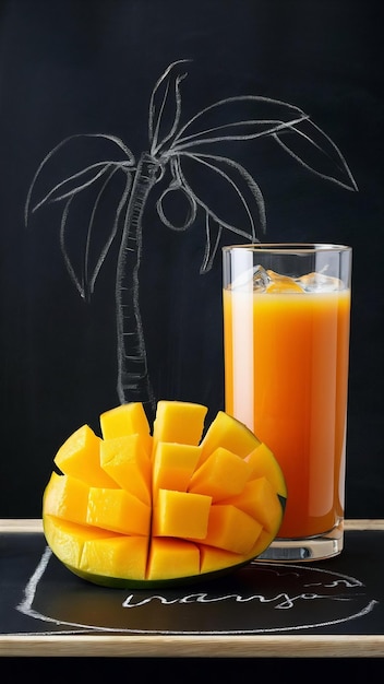 Front view sliced mango on a blackboard with a glass of orange juice