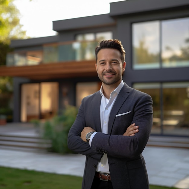 Front view Smart young real estate agent with backg