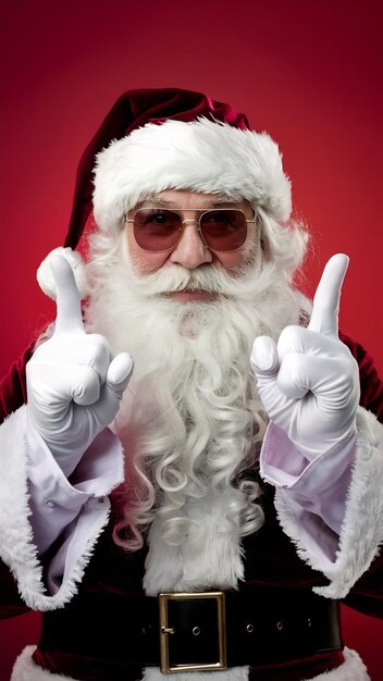 Photo front view of smiling santa claus with long white beard showing peace with two fingers up