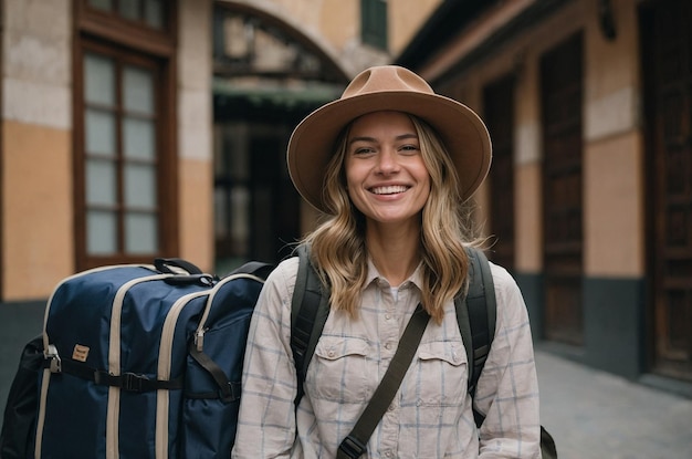 Photo front view of a smiling woman with a hat carrying a backpack while traveling alone