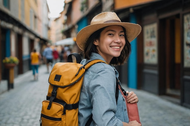 Photo front view of a smiling woman with a hat carrying a backpack while traveling alone