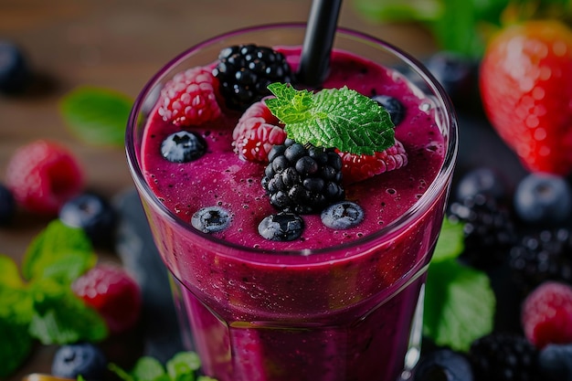 Front view smoothie in glass with blackberries and blueberries