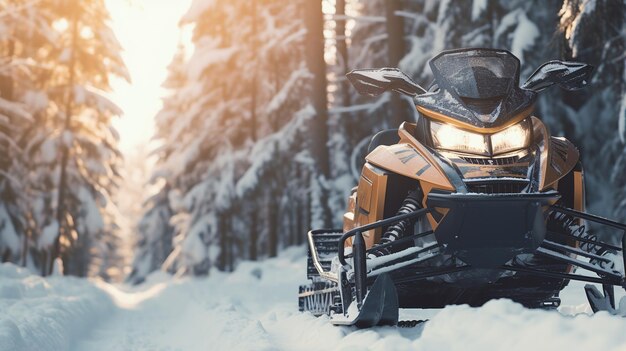 Photo front view of a snowmobile in the winter forest closeup ai generative