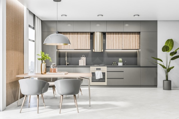 Front view on spacious modern grey kitchen set and furniture stylish lamp from top ceramic tale floor city view from the window and green plant in grey pot 3D rendering