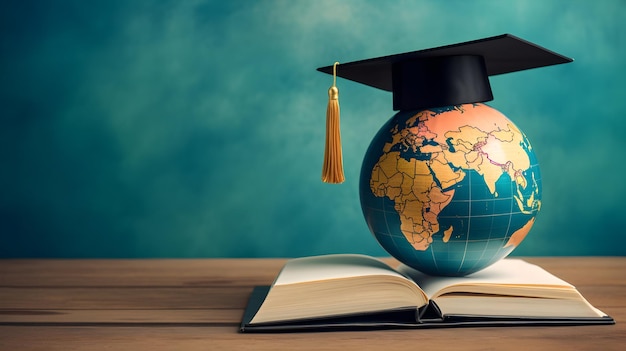 Front view of stacked books and earth globe with graduation cap for education day