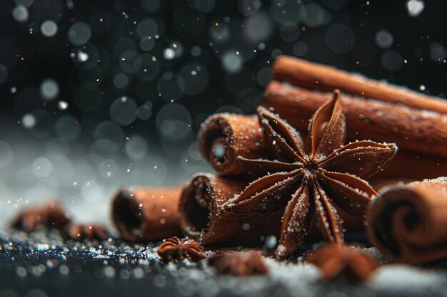 Photo front view of star anise and cinnamon sticks