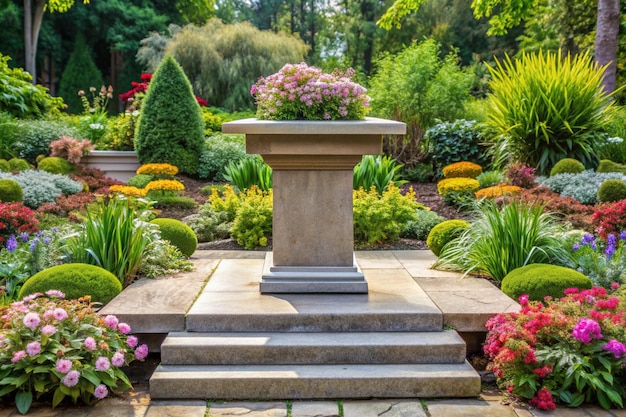 Front view of the stone podium showcases products in a garden with flowers plants and branches Empty platform