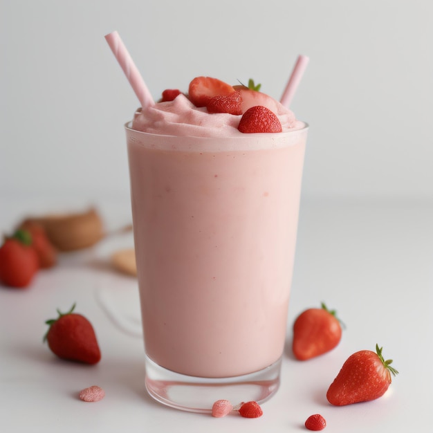 Front view of strawberry milkshake with fruit isolated