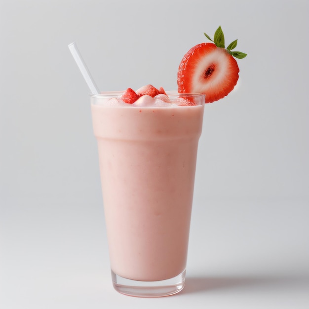 Front view of strawberry milkshake with fruit isolated