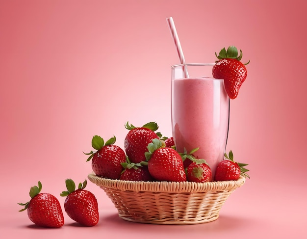 The front view strawberry shake with strawberries basket