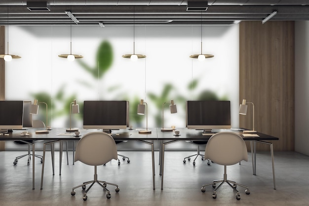 Front view on stylish and minimalistic design workspaces with modern computers on black tables and white chairs on concrete floor previous to mat glass wall 3D rendering