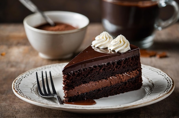 Front view of a sweet chocolate cake with copy space