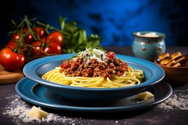 Front view tasty italian pasta with greens and ground meat on blue dough meal food dish color