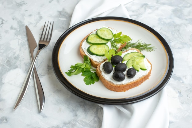 Front view tasty sandwiches with cucumbers and olives inside plate white