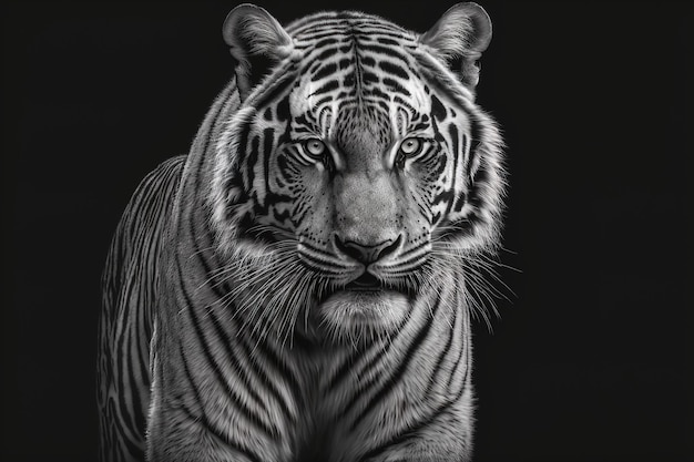 Front view of a tiger on a black background Black and white portrait digital art