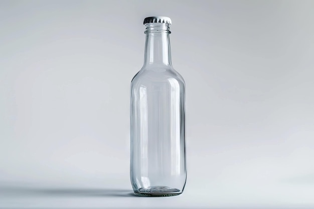 Front view of transparent glass bottle on white background