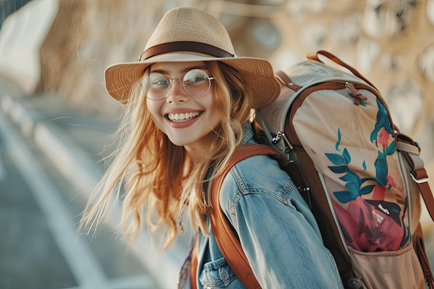 Photo front view traveler woman with backpack expressing her happiness