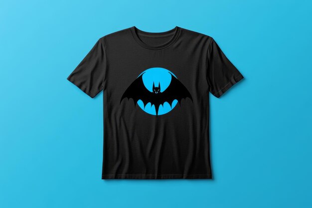 Photo front view of a tshirt with a full moon and bat silhouette design eerie blue and black tones