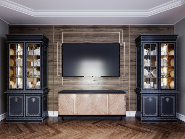 Front view of a TV unit on a wooden wall background, sideboards with dishes. 3D rendering.