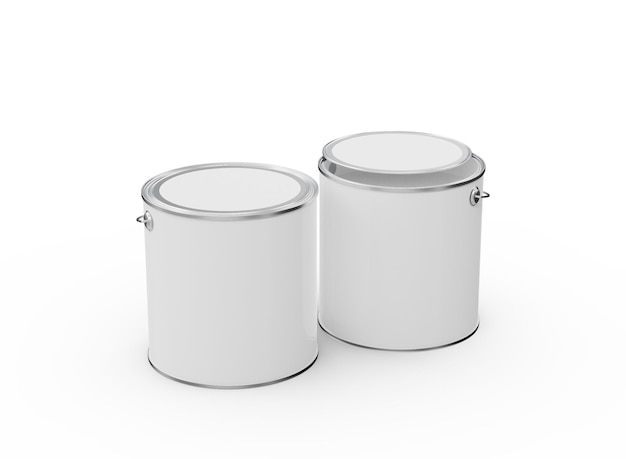 Front View of Two Paint Buckets one of them Open Mockup Paint Cans Isolated 3d Rendering