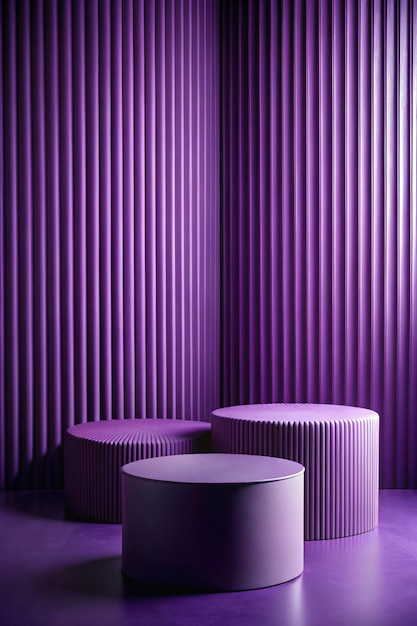 Front view of two round empty podiums on dark background Purple paper folds form a soft undulating wall Minimal abstract background for display product