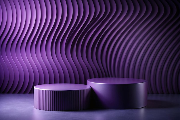 Front view of two round empty podiums on dark background Purple paper folds form a soft undulating wall Minimal abstract background for display product