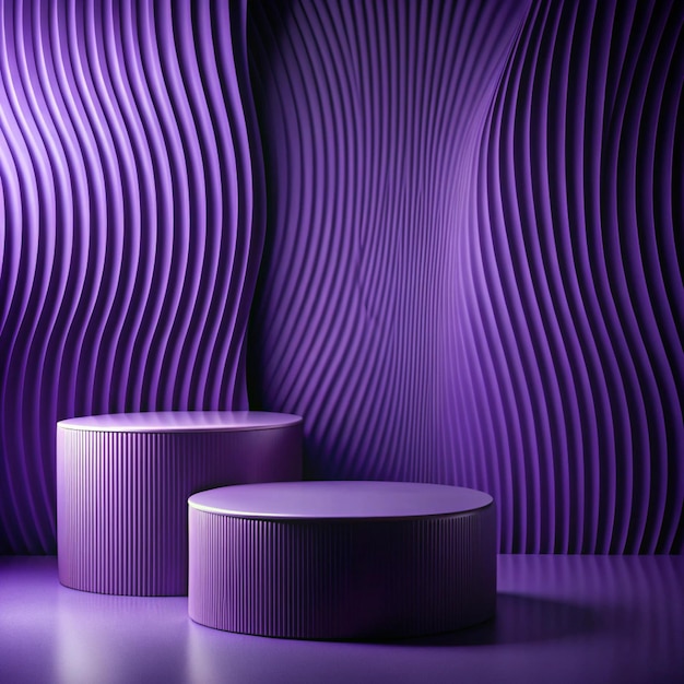 Front view of two round empty podiums on dark background Purple paper folds form a soft undulating wall Minimal abstract background for display product