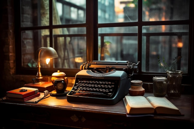 Front View of Typewriter and Books by the Window Generated Ai