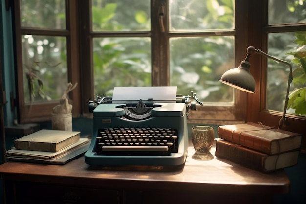 Front View of Typewriter and Books by the Window Generated Ai