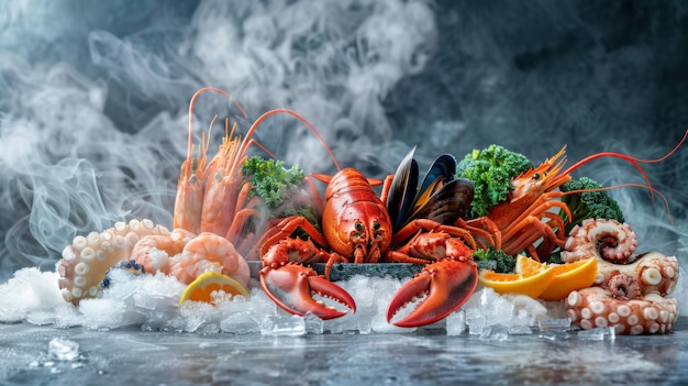 Front view of variety of fresh luxury seafood Lobster salmon stone crab mackerel crayfish prawn octopus mussel and scallop on ice background with icy smoke