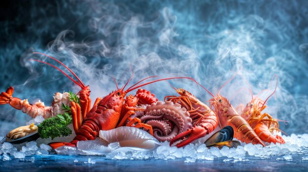 Front view of variety of fresh luxury seafood Lobster salmon stone crab mackerel crayfish prawn octopus mussel and scallop on ice background with icy smoke