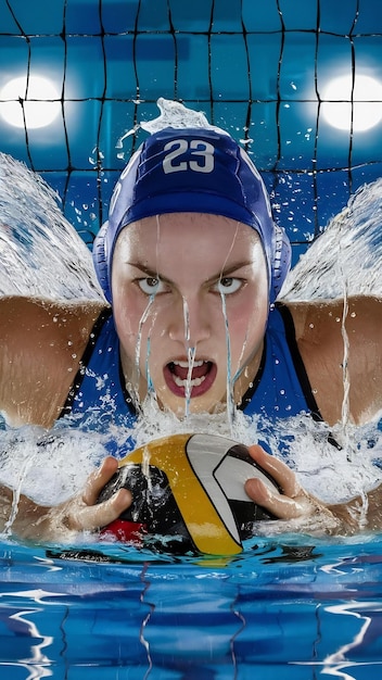 Photo front view waterpolo player in pool