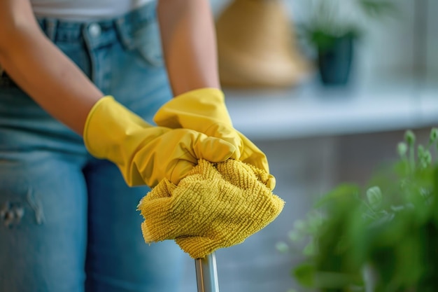 Photo front view woman cleaning home