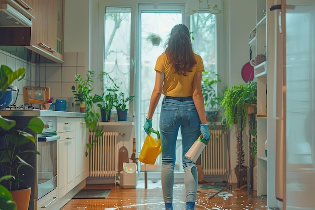 Photo front view woman cleaning home