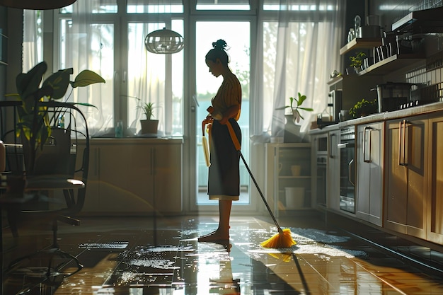 Photo front view woman cleaning home