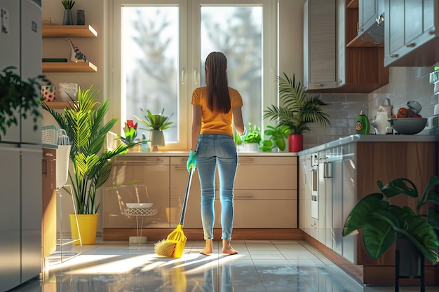 Photo front view woman cleaning home