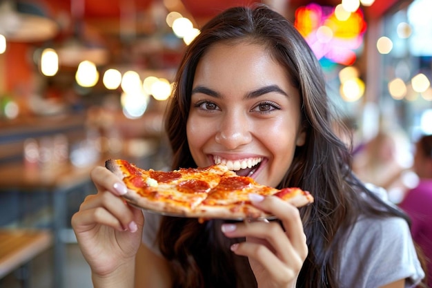 Front view woman eating delicious pizza