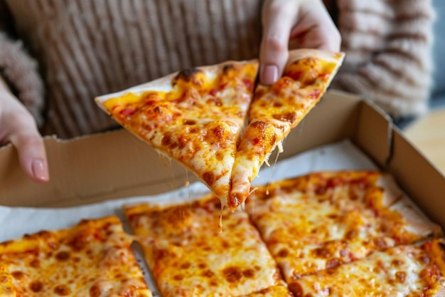 Front view woman eating delicious pizza