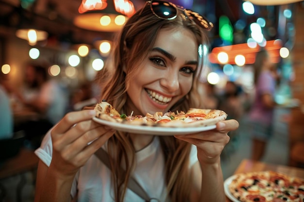 Front view woman eating delicious pizza