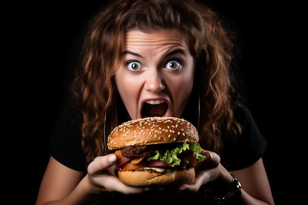 Front view woman eating meat burger