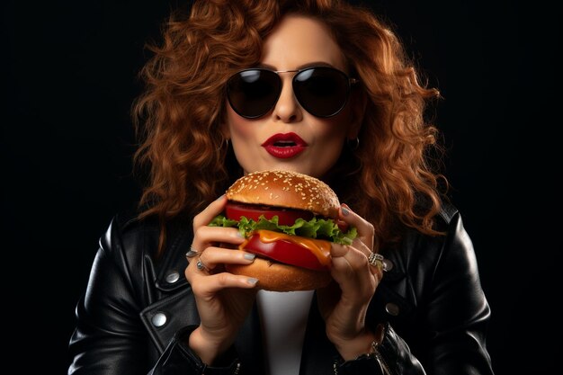 Front view woman eating meat burger